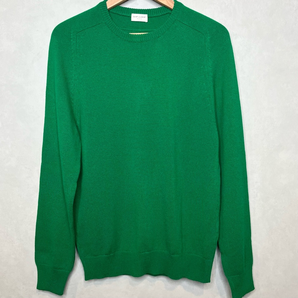SAINT LAURENT Men's Large 100% Cashmere Crewneck Sweater Green Paris YSL Italy